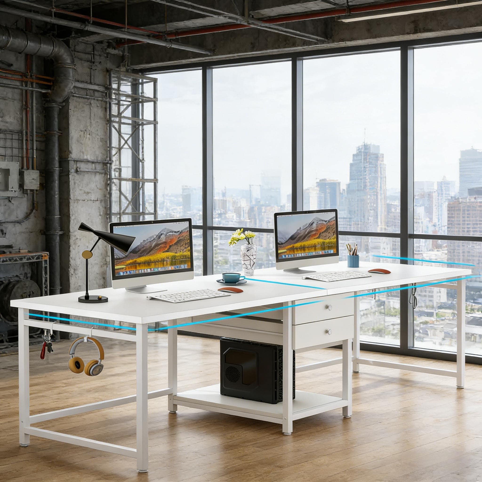 Industrial Two Person Desk, 78" Double Computer Desk With Drawers_voghion.com